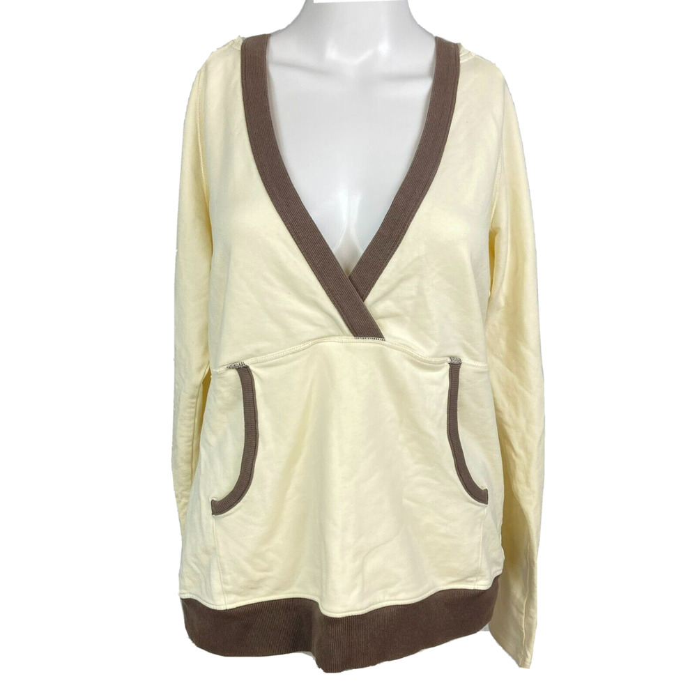 Half Moon Sweatshirt Womens Sz L Ivory Brown V Neck Hoodie Pullover Stretch